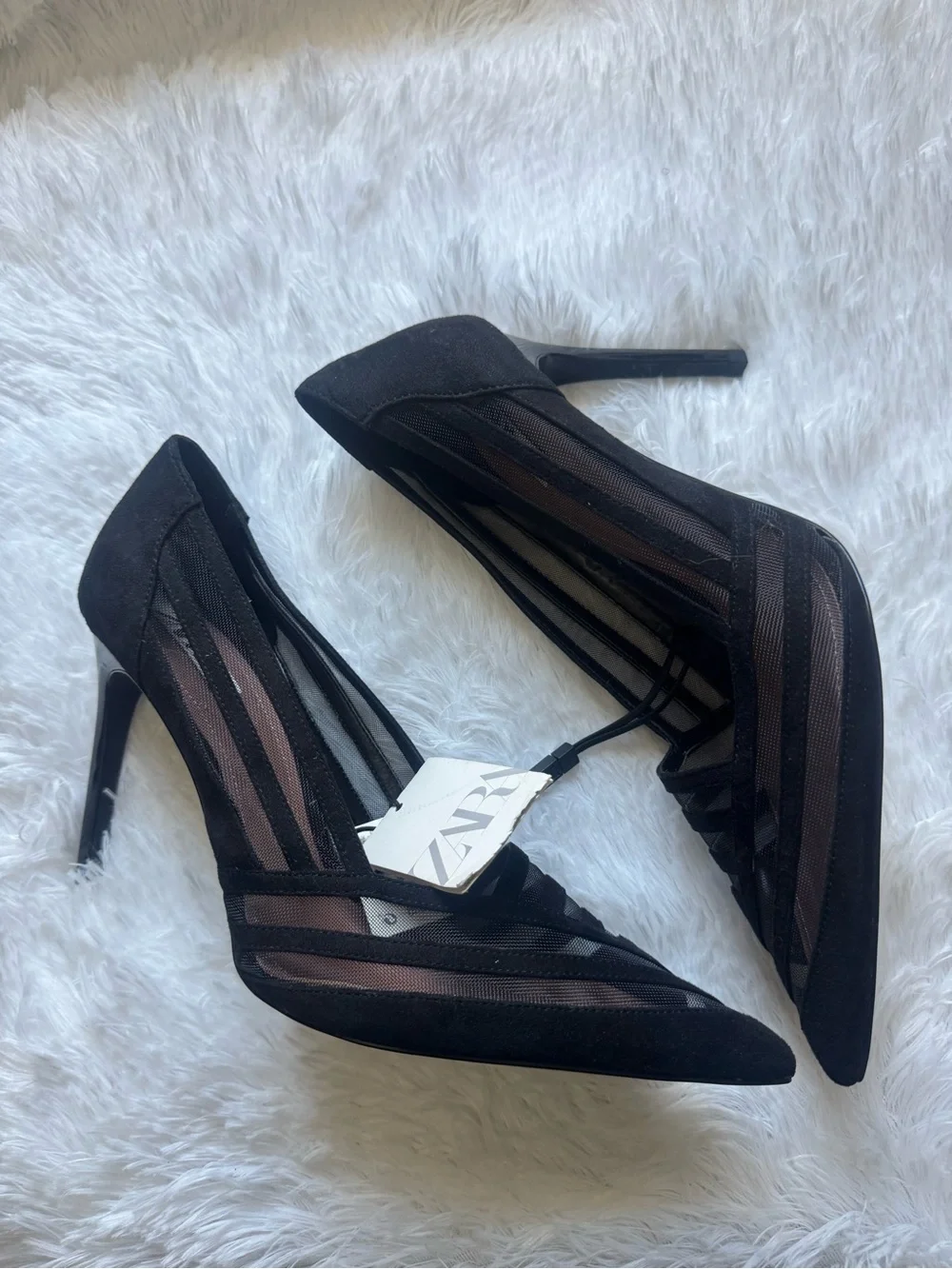 Zara Black Mesh Pointed-Toe Pumps